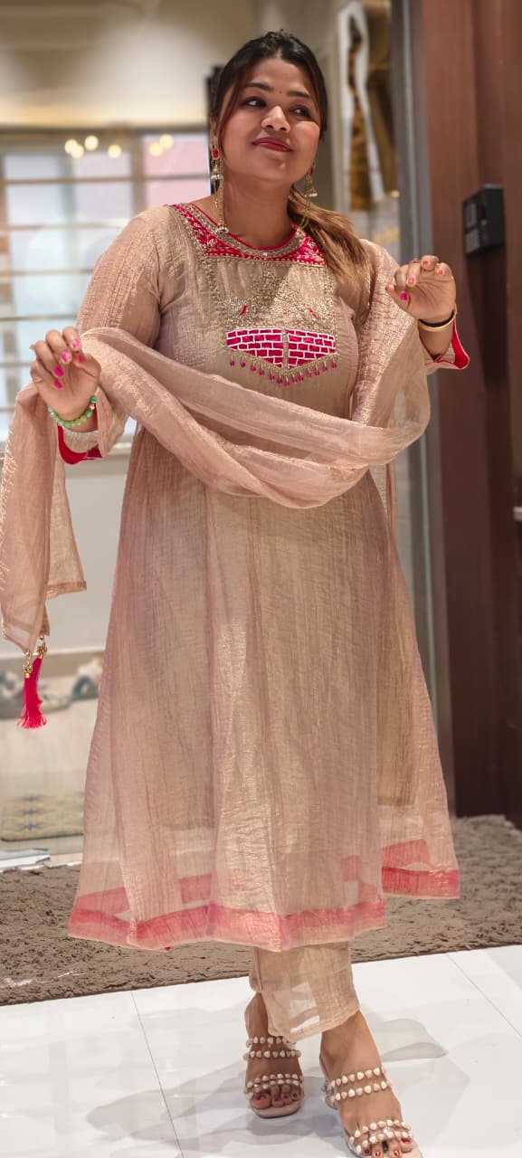 Graceful Pastel Ethnic Kurta with Statement Embroidered Neckline Salsa A-Line Full Suit Set With Dupatta- 15765