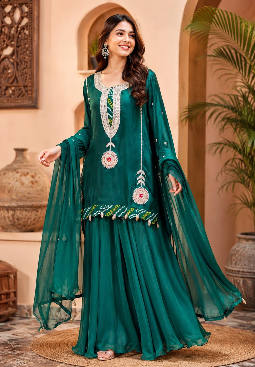 Bandhej Highlights Elegant Gotta Detailing Crepe Full Suit Set With Flared Skirt Bottom & Dupatta- 15852