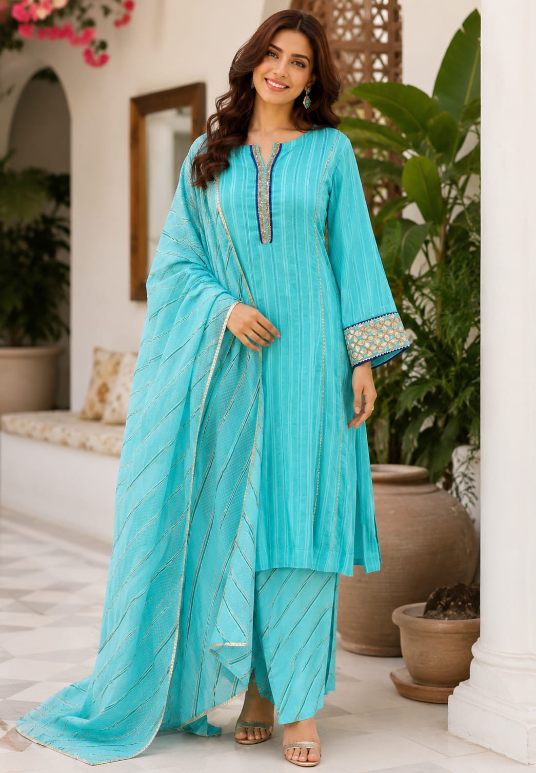 Golden Trimmed Lace Panels A-Line Leheriya Full Suit Set With All Over Work Dupatta In Lurex Fabric- 15838