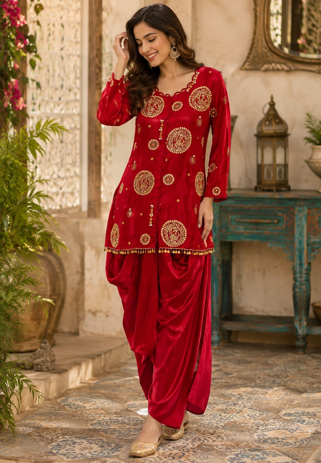 Heavy Handwork Premium Gotta With Sequin & Pearl Elegance Modal Satin Festive Co-Ord Set With Drape Skirt Bottom- 15854