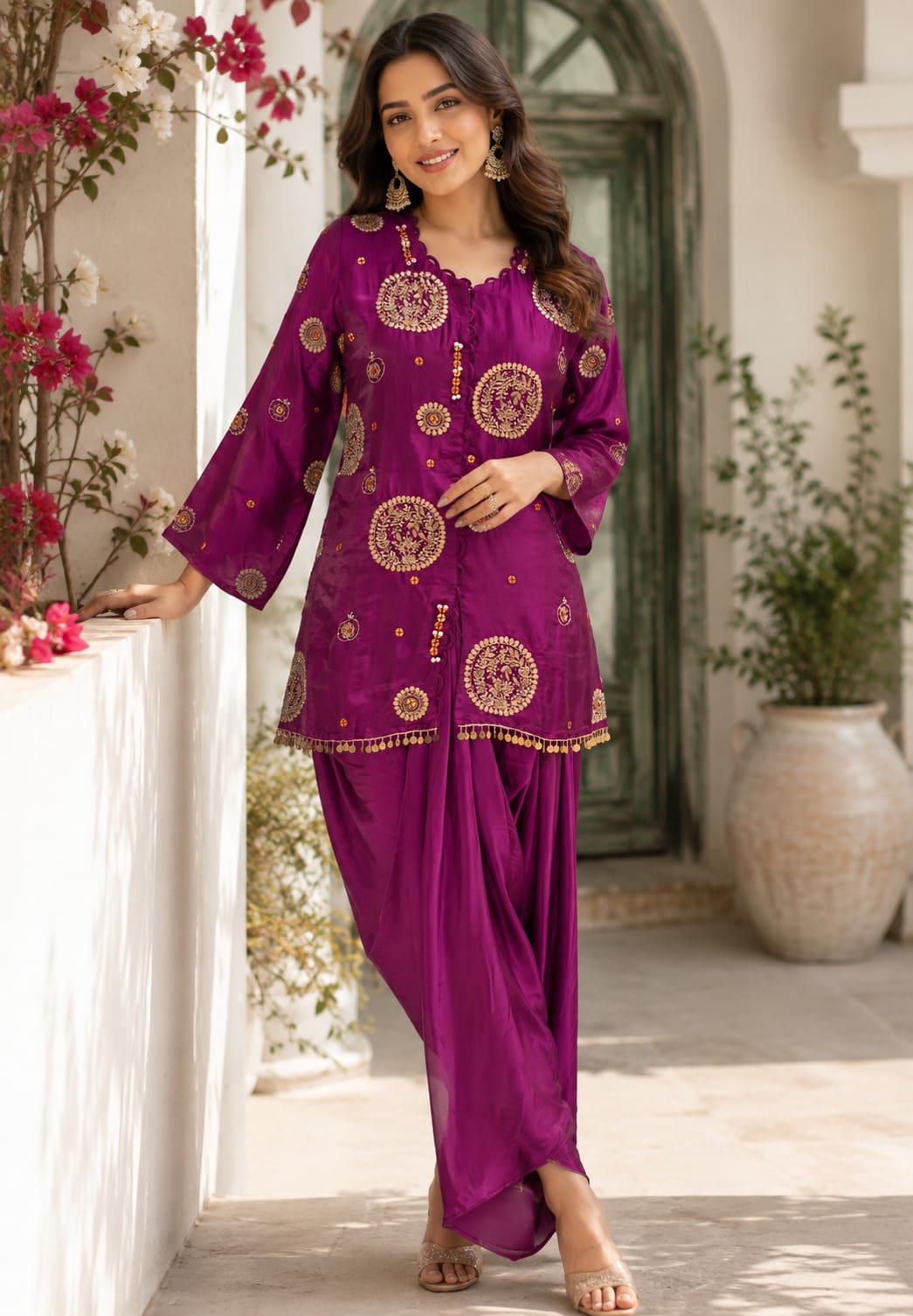 Heavy Handwork Premium Gotta With Sequin & Pearl Elegance Modal Satin Festive Co-Ord Set With Drape Skirt Bottom- 15854