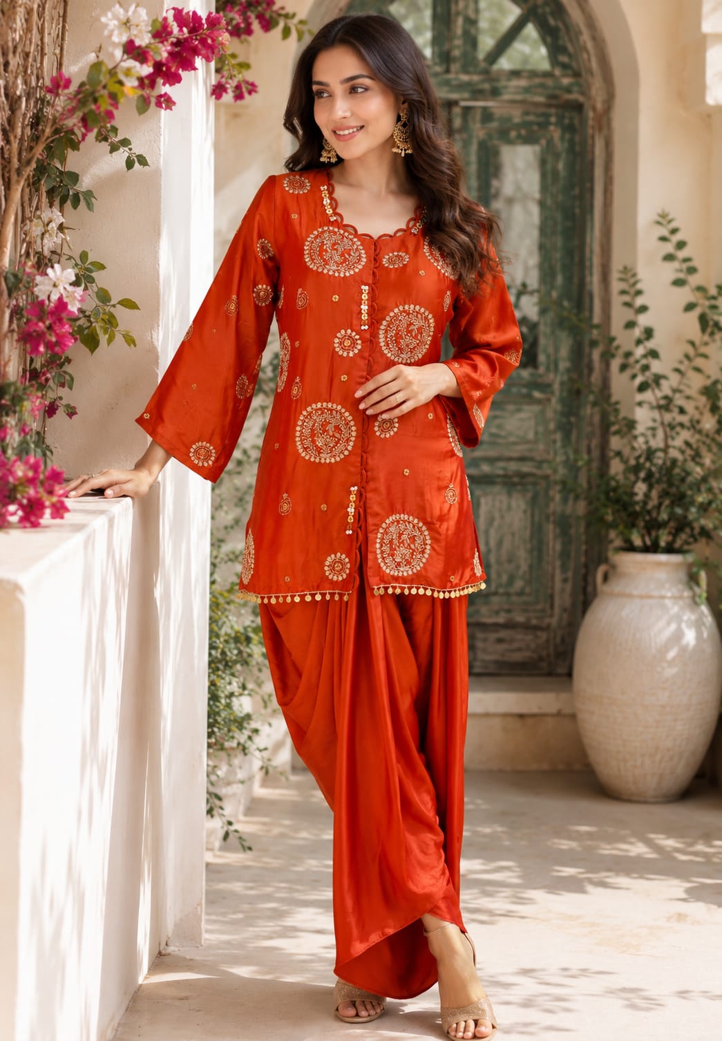 Heavy Handwork Premium Gotta With Sequin & Pearl Elegance Modal Satin Festive Co-Ord Set With Drape Skirt Bottom- 15854