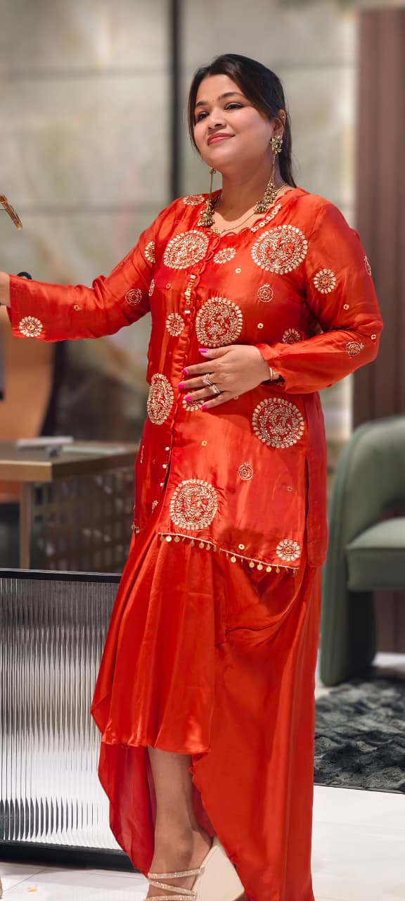Heavy Handwork Premium Gotta With Sequin & Pearl Elegance Modal Satin Festive Co-Ord Set With Drape Skirt Bottom- 15854