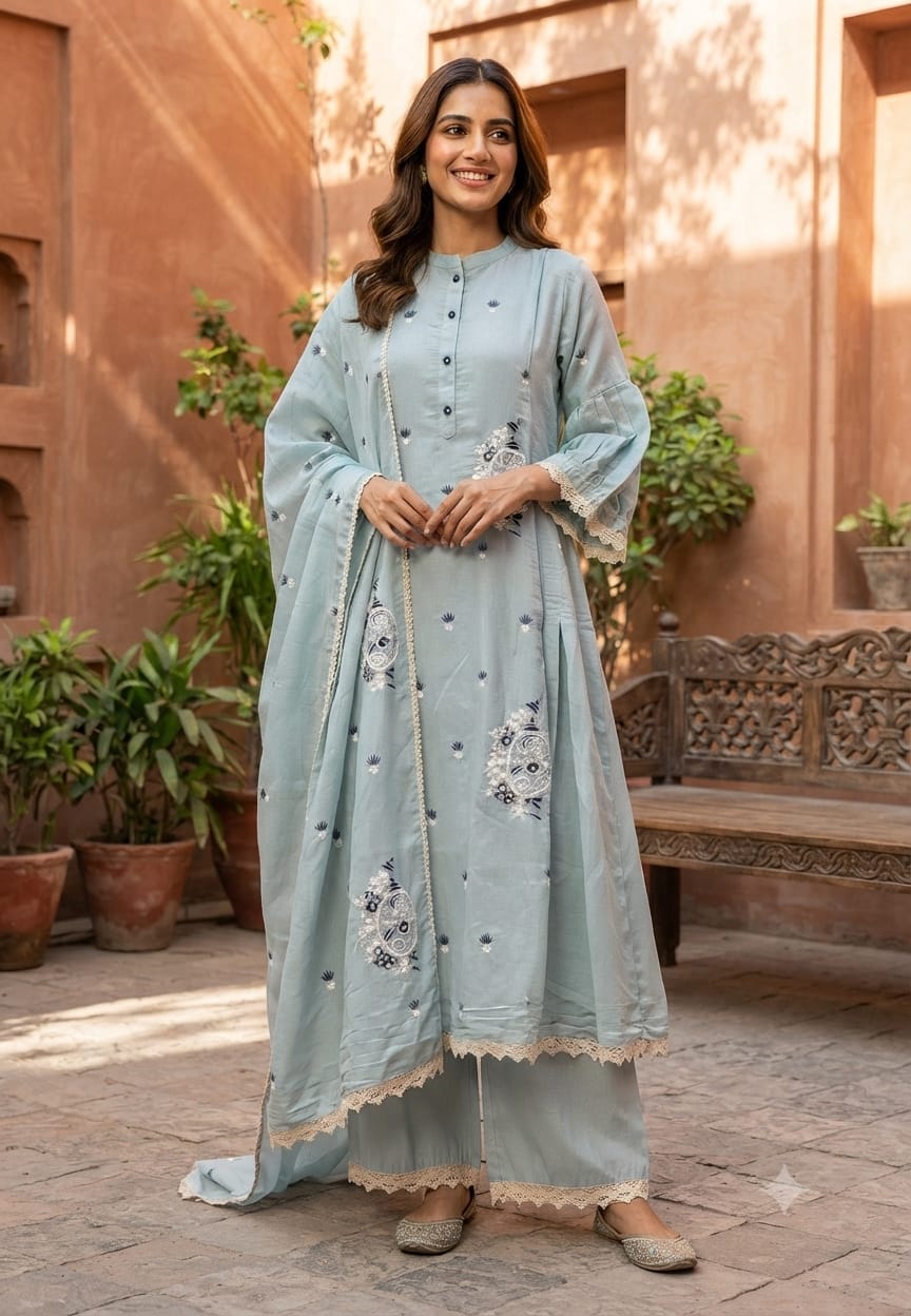 Cute Tiny Floral Motifs Closed Neck A-Line Surat Mul-Chanderi Full Suit Set With Dupatta- 15790