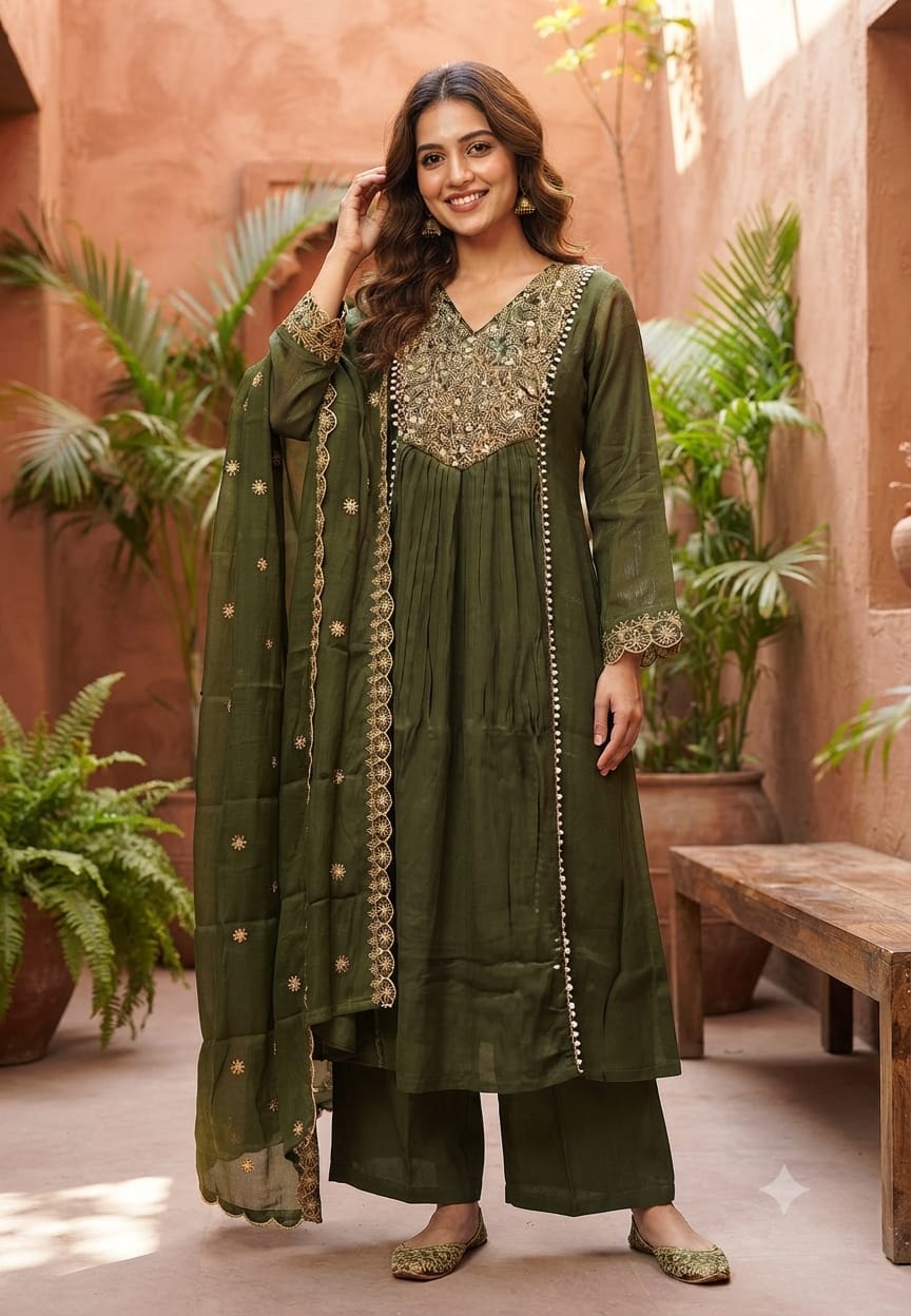 Grand Zardosi Yoke With Pearl Highlights Surat Mul-Chanderi A-Line Full Suit Set With Dupatta- 15828