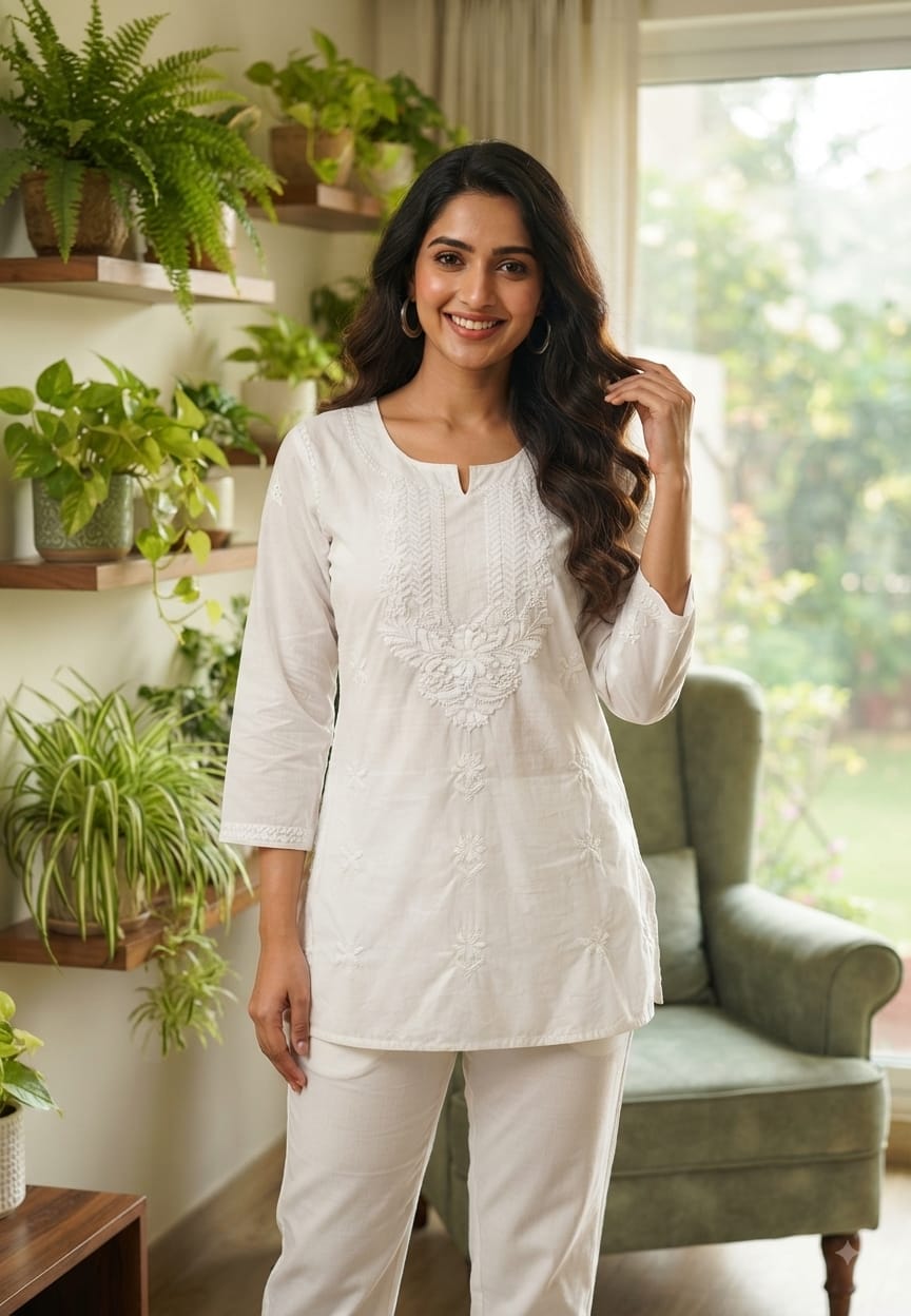 Flawless White Chikankari Thread Embroidered Cotton Kurti Only- 15871 (Thick Cotton)