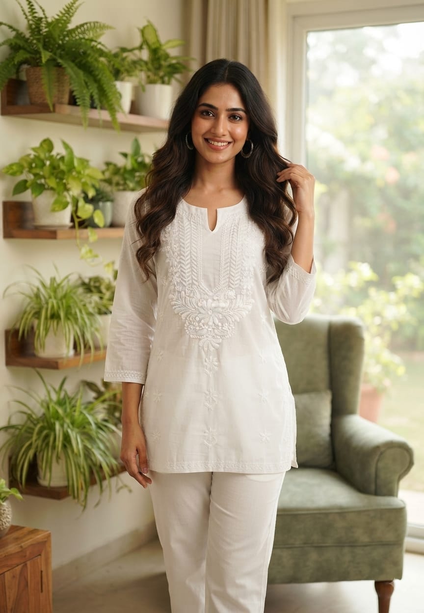 Ivory White Chikankari Casual Wear Cotton Kurti Only- 15872 (Thin Cotton)
