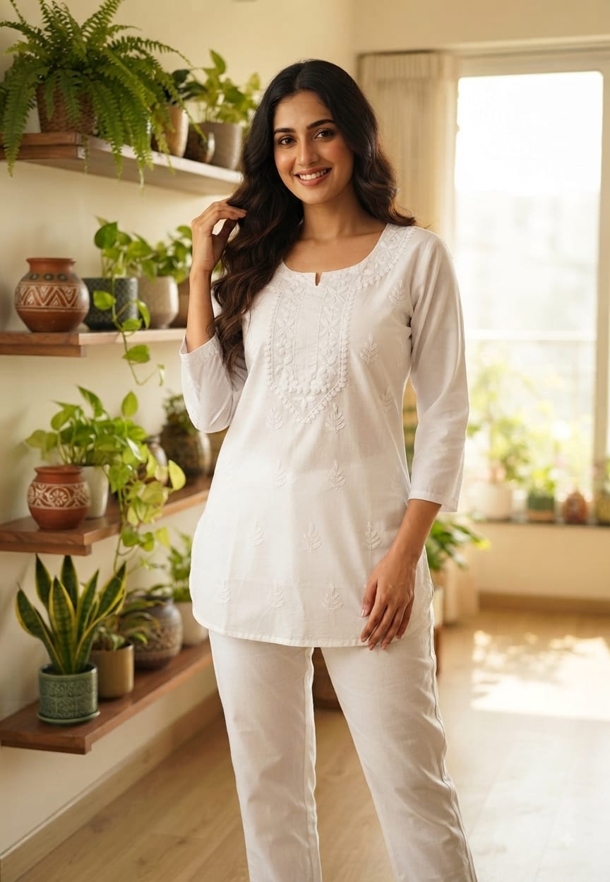 Royal Awadh Intricate Thread Embroidery Cotton Kurti Only- 15871