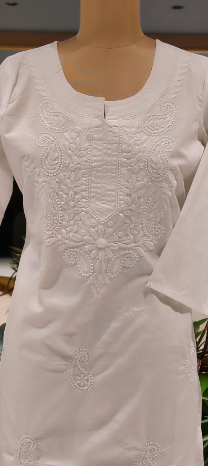Flawless White Base Chikankari Embroidery Thick Cotton Long Kurti Only- 15869