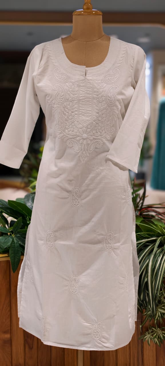 Flawless White Base Chikankari Embroidery Thick Cotton Long Kurti Only- 15869