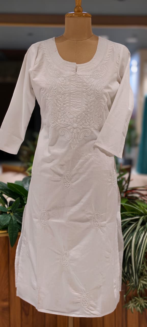 Flawless White Base Chikankari Embroidery Thick Cotton Long Kurti Only- 15869