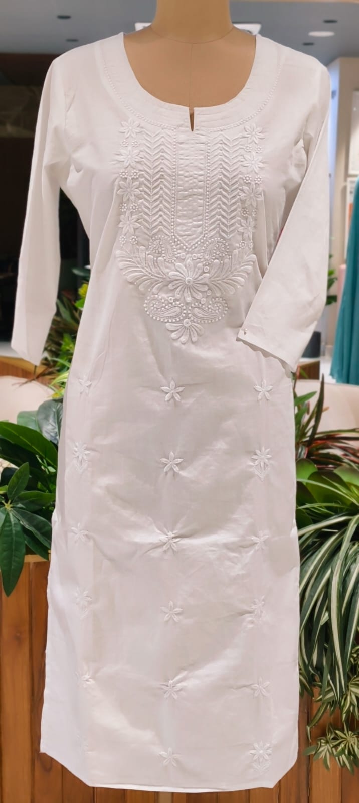Flawless White Base Chikankari Embroidery Thick Cotton Long Kurti Only- 15869