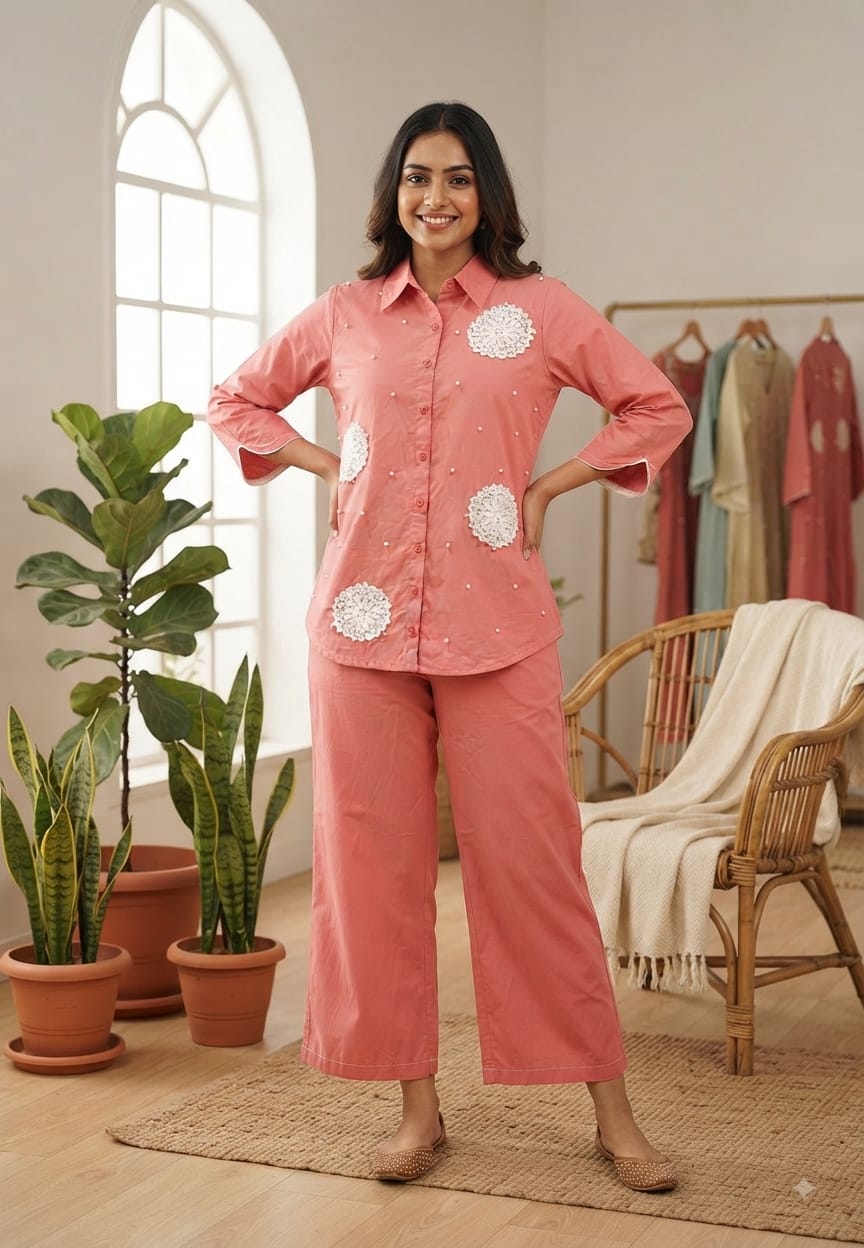 Crochet With Pearl Round Detailing Premium Cotton Co-Ord Set- 15827