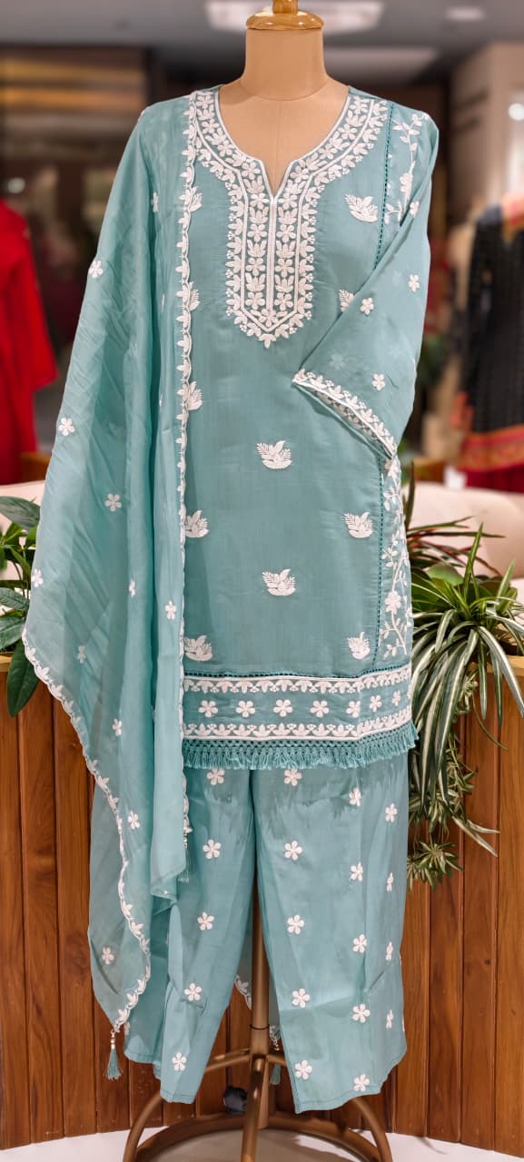 Floral Intricate Thread Embroidered Premium Surat Mul-Chanderi Straight Full Suit Set With Dupatta- 15893