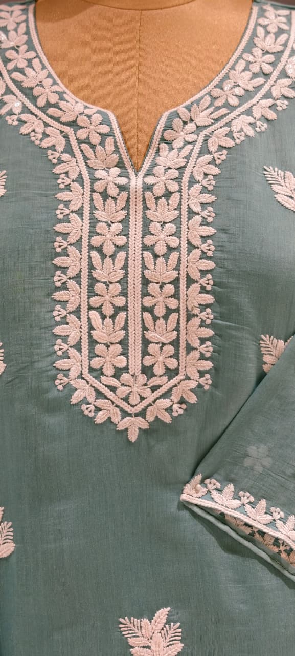 Floral Intricate Thread Embroidered Premium Surat Mul-Chanderi Straight Full Suit Set With Dupatta- 15893