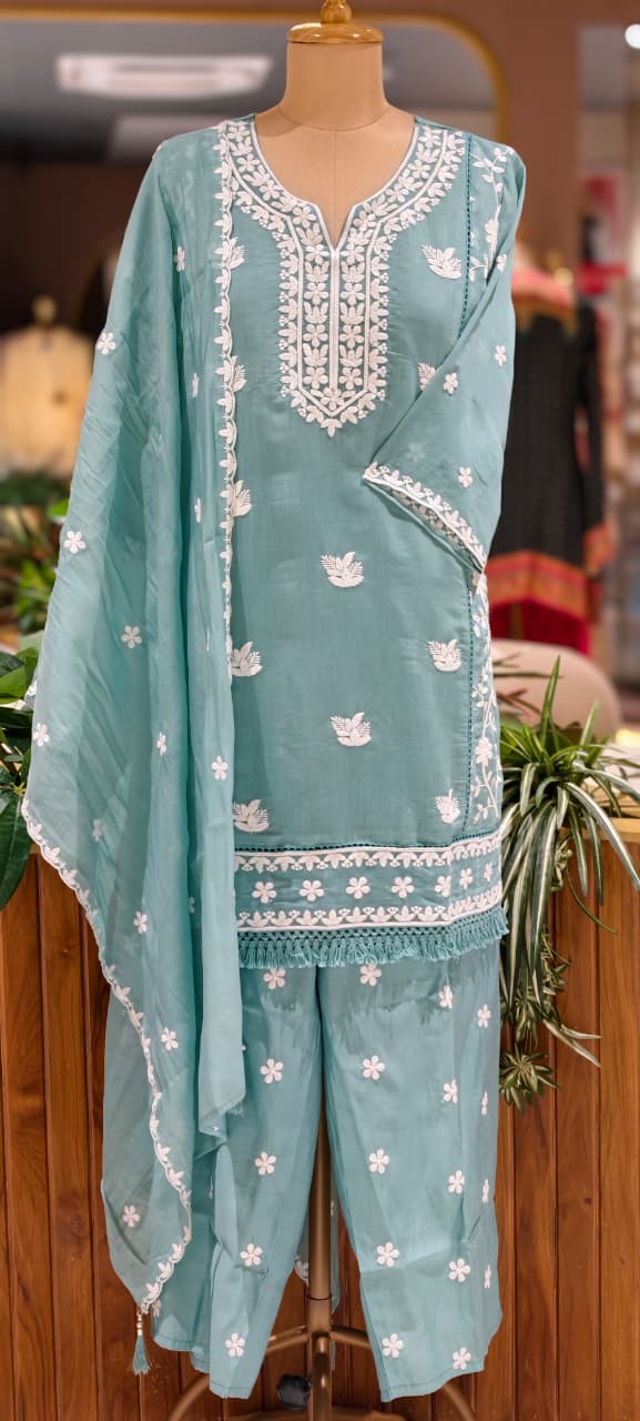 Floral Intricate Thread Embroidered Premium Surat Mul-Chanderi Straight Full Suit Set With Dupatta- 15893