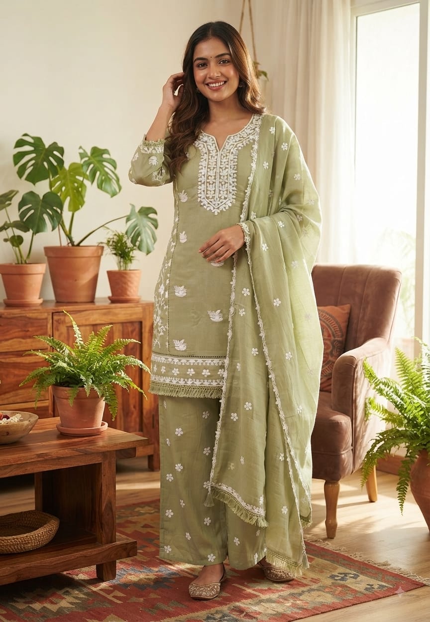 Beautiful Floral Fine Thread Embroidered Premium Surat Mul-Chanderi Full Suit Set With Dupatta- 15899