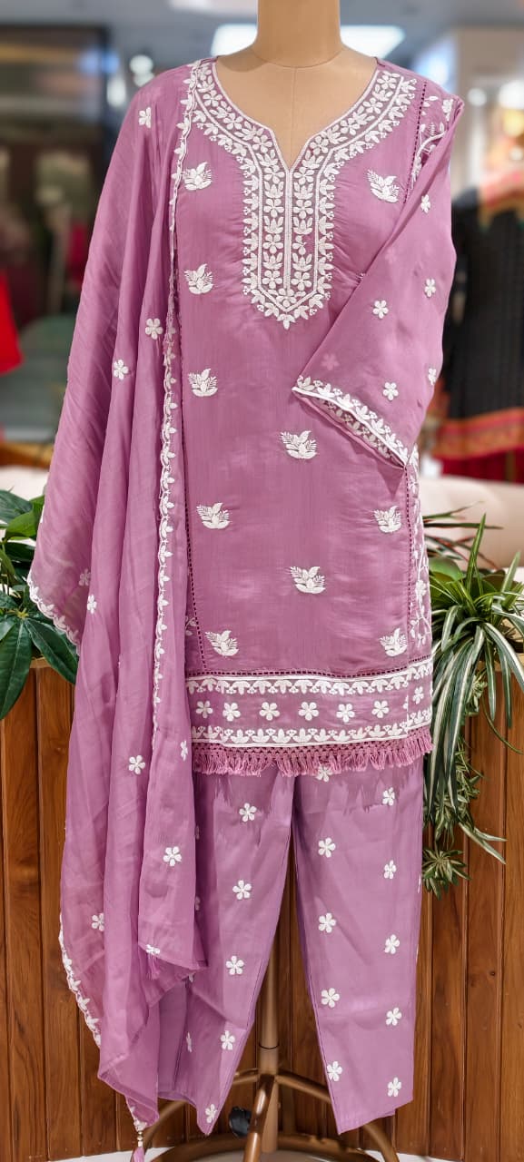 Floral Intricate Thread Embroidered Premium Surat Mul-Chanderi Straight Full Suit Set With Dupatta- 15893
