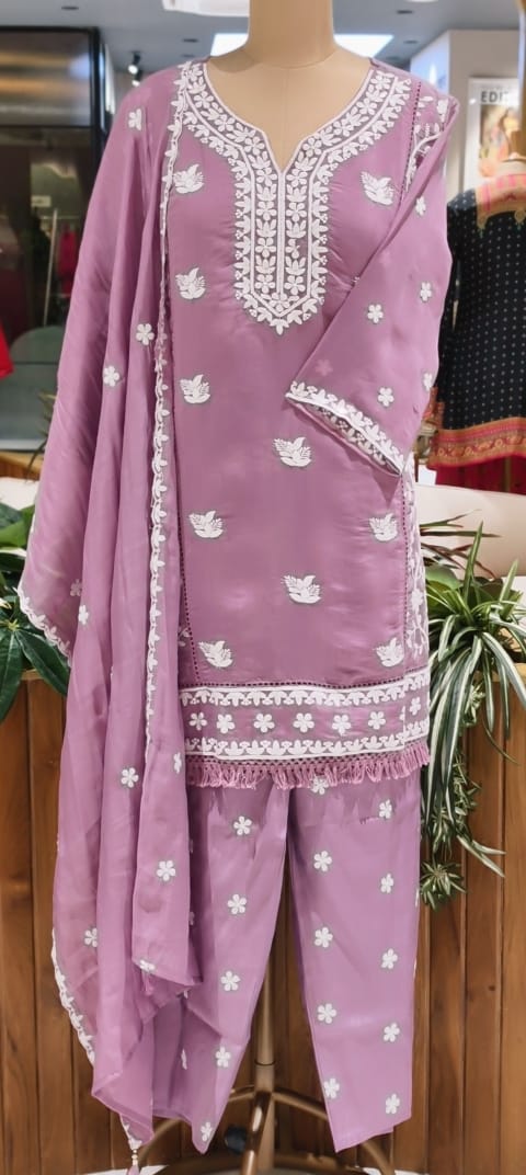Floral Intricate Thread Embroidered Premium Surat Mul-Chanderi Straight Full Suit Set With Dupatta- 15893
