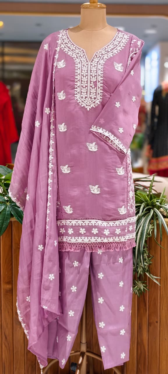 Floral Intricate Thread Embroidered Premium Surat Mul-Chanderi Straight Full Suit Set With Dupatta- 15893