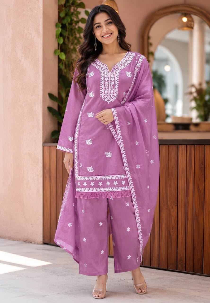 Floral Intricate Thread Embroidered Premium Surat Mul-Chanderi Straight Full Suit Set With Dupatta- 15893