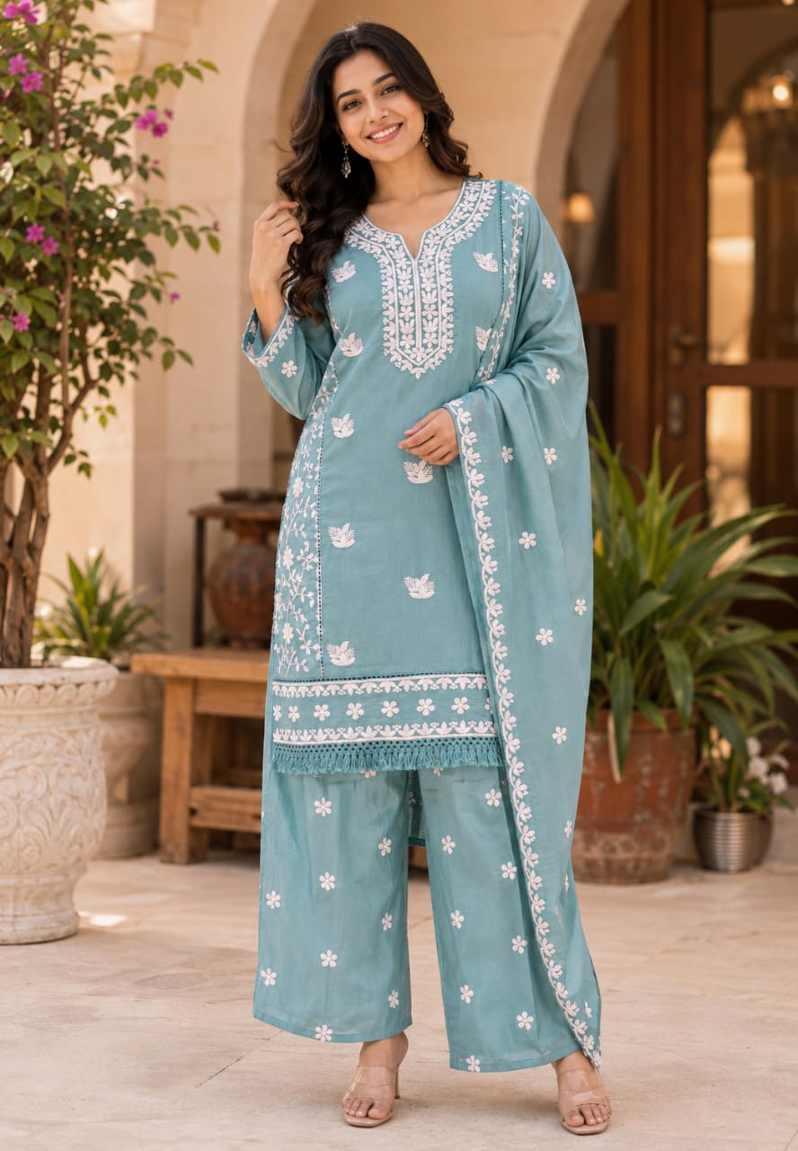 Floral Intricate Thread Embroidered Premium Surat Mul-Chanderi Straight Full Suit Set With Dupatta- 15893