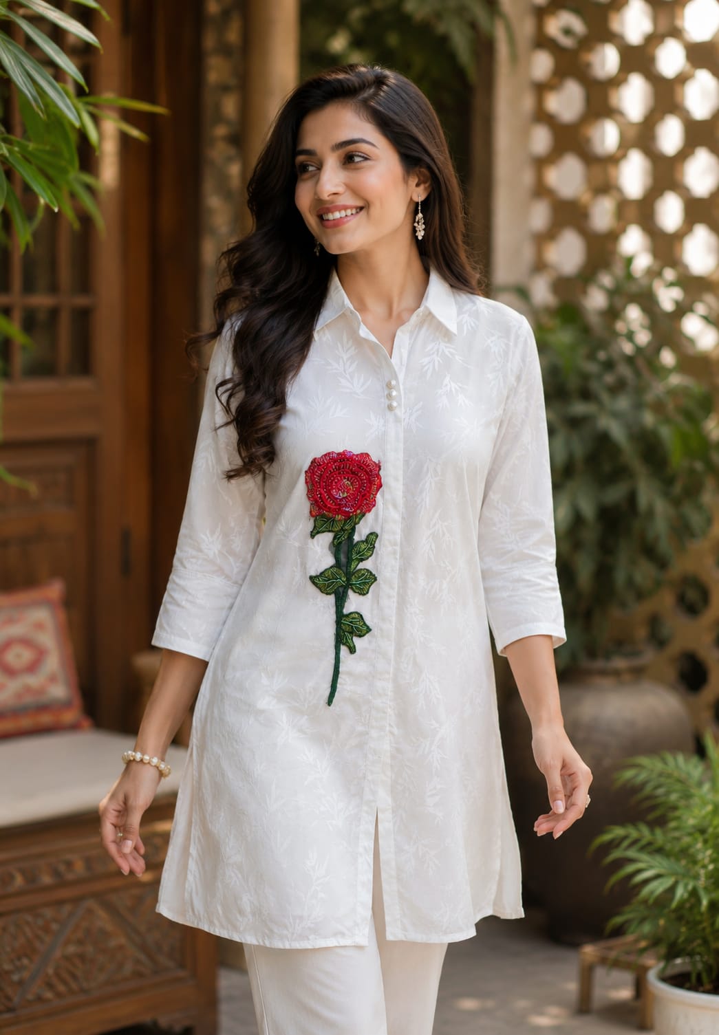 Embroidered Aplique Floral Detail Only Shirt 15218