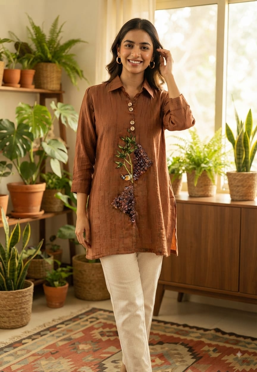 Elegant Brown Textured Shirt with Floral Embroidery With Applique Detailing Only Top-15220