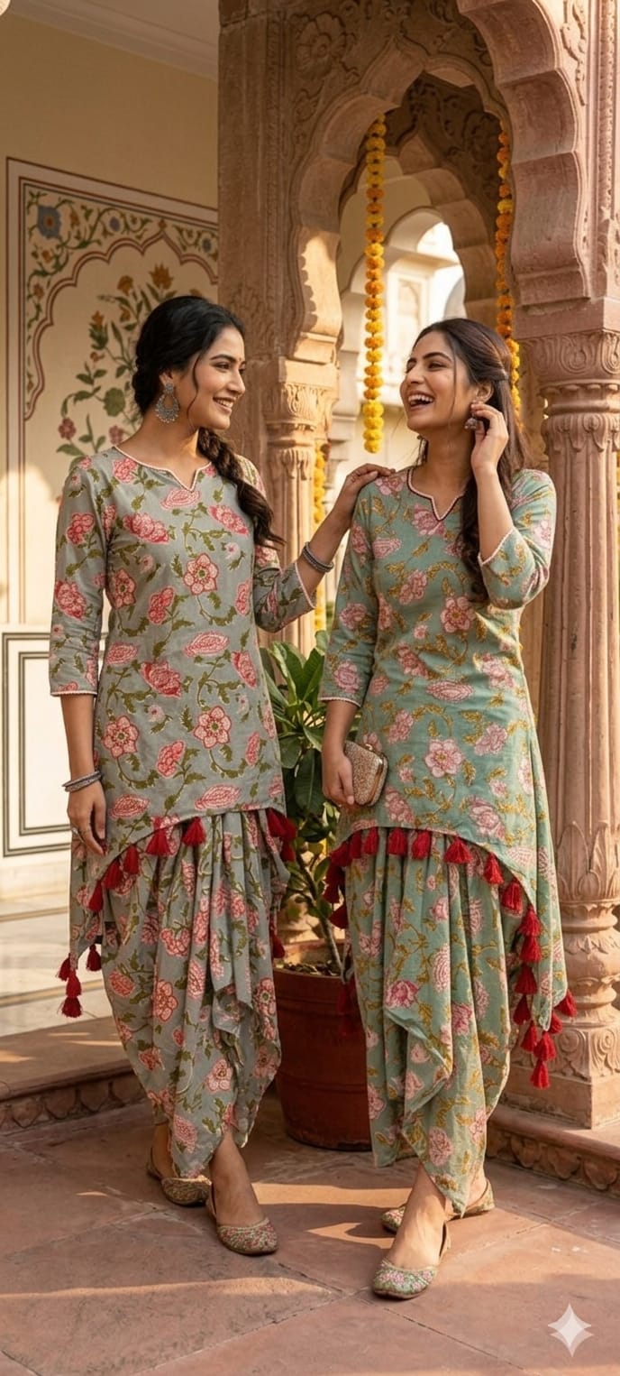 Premium Floral Printed Cotton Drape Skirt Set With Tassel Detailing RB555