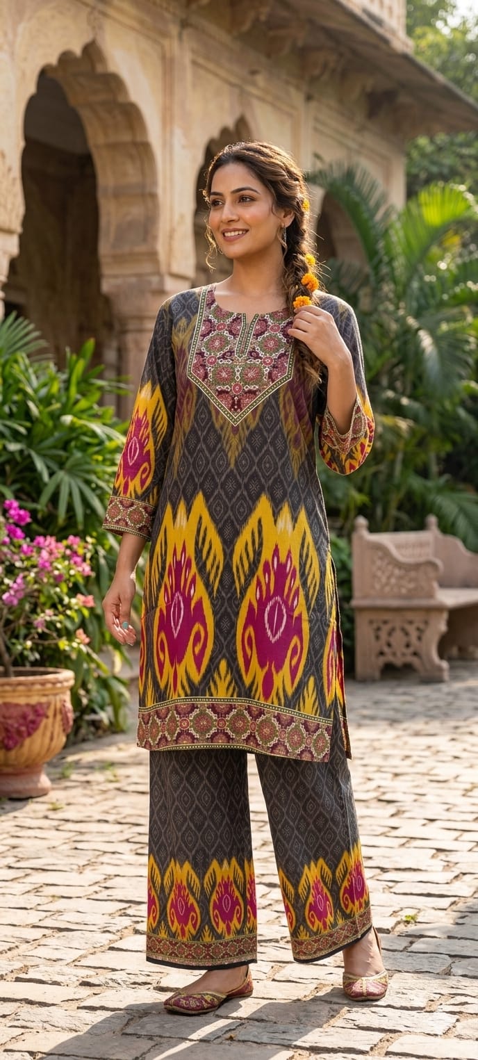 Lean Fit Elegant Printed Muslin Cord Set-RB888 Kindily Order Next Size
