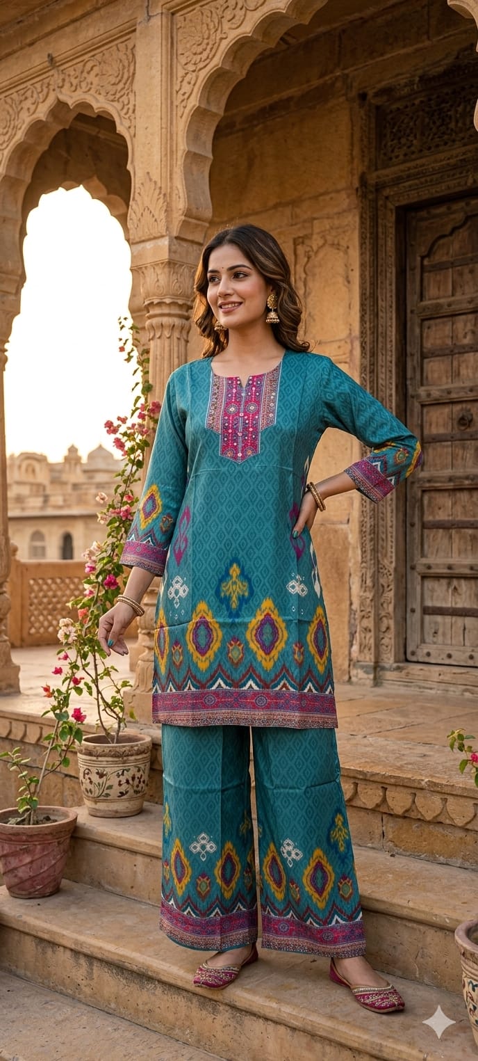 Lean Fit Elegant Printed Muslin Cord Set-RB888 Kindily Order Next Size