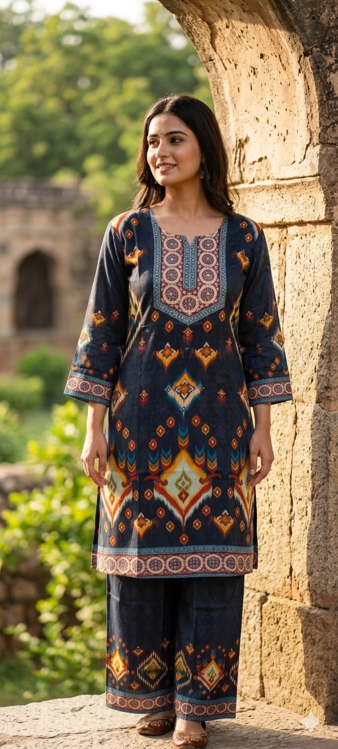 Lean Fit Elegant Printed Muslin Cord Set-RB888 Kindily Order Next Size