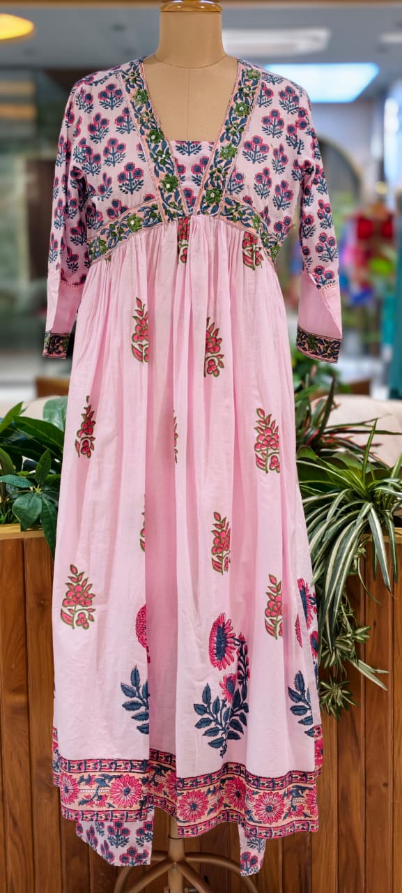 Elegant V-Neckline Alia-Cut Soft Cotton Anarkali Full Suit Set With Floral Block Prints- 15834, 15835