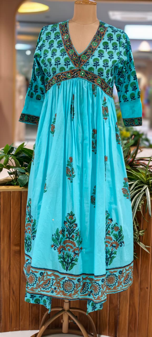 Elegant V-Neckline Alia-Cut Soft Cotton Anarkali Full Suit Set With Floral Block Prints- 15834, 15835