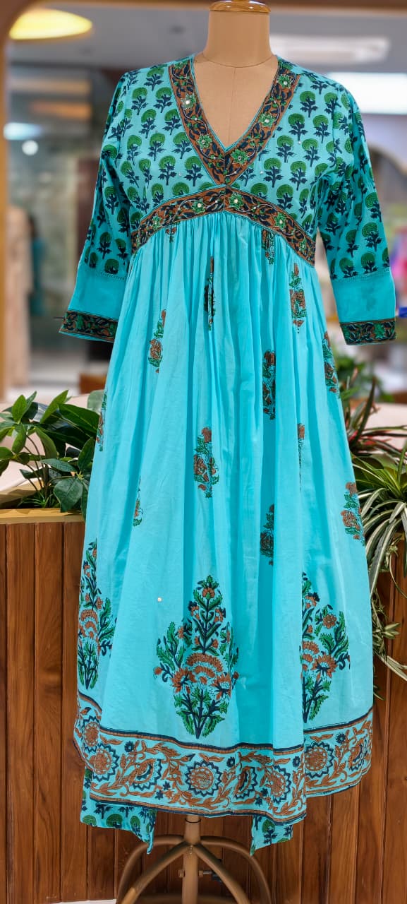 Elegant V-Neckline Alia-Cut Soft Cotton Anarkali Full Suit Set With Floral Block Prints- 15834, 15835