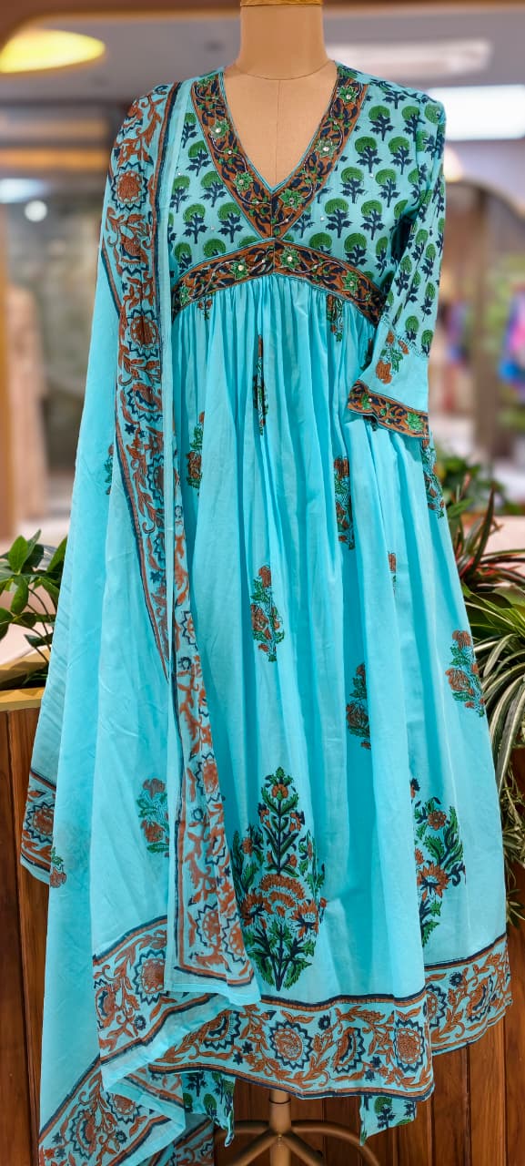 Elegant V-Neckline Alia-Cut Soft Cotton Anarkali Full Suit Set With Floral Block Prints- 15834, 15835