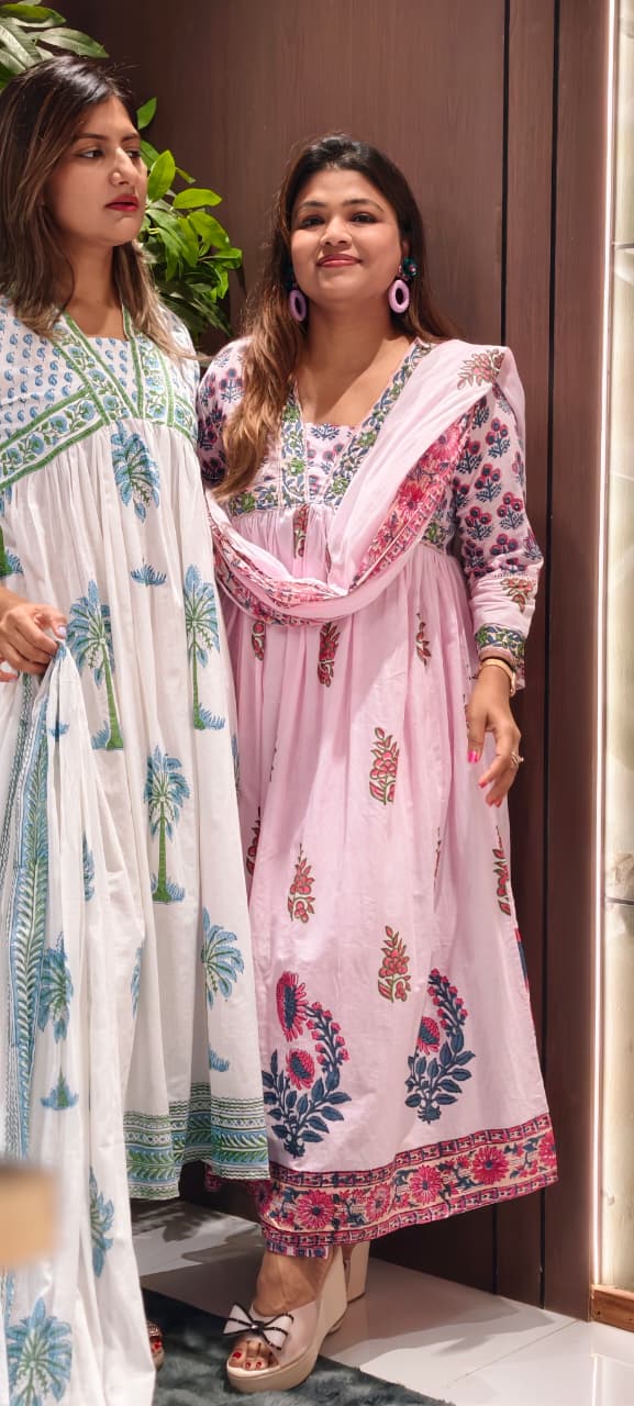 Elegant V-Neckline Alia-Cut Soft Cotton Anarkali Full Suit Set With Floral Block Prints- 15834, 15835