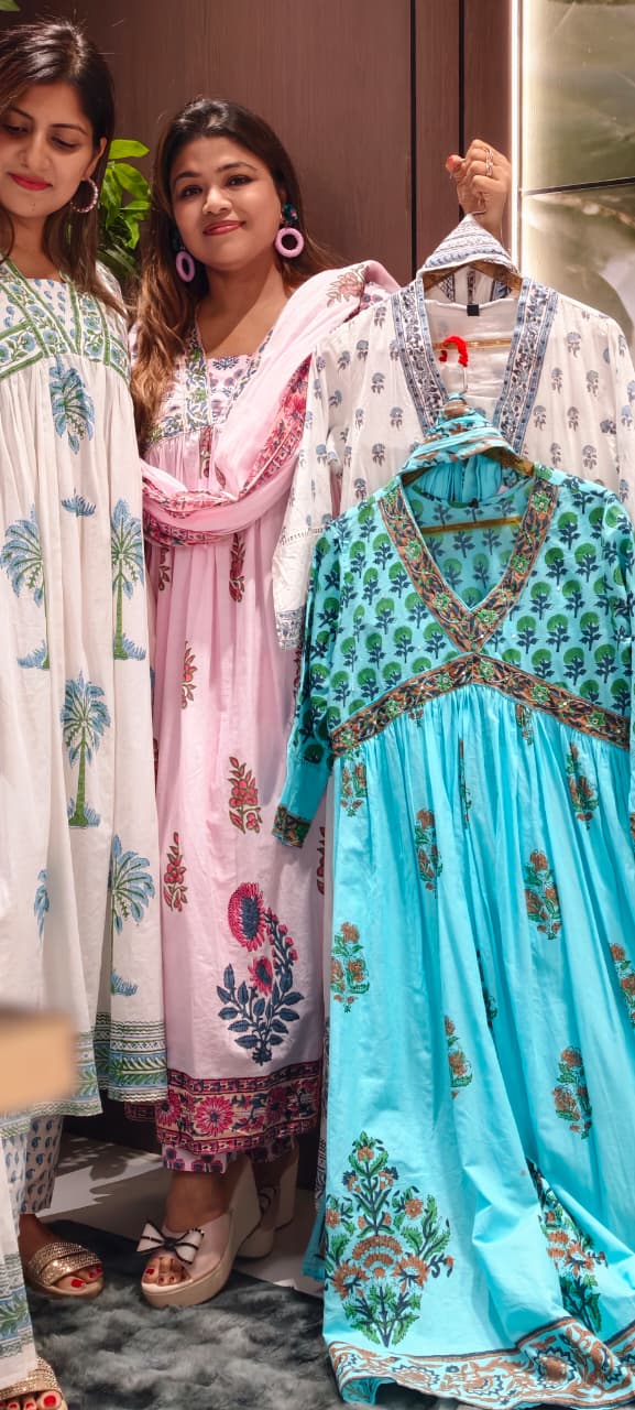 Elegant V-Neckline Alia-Cut Soft Cotton Anarkali Full Suit Set With Floral Block Prints- 15834, 15835