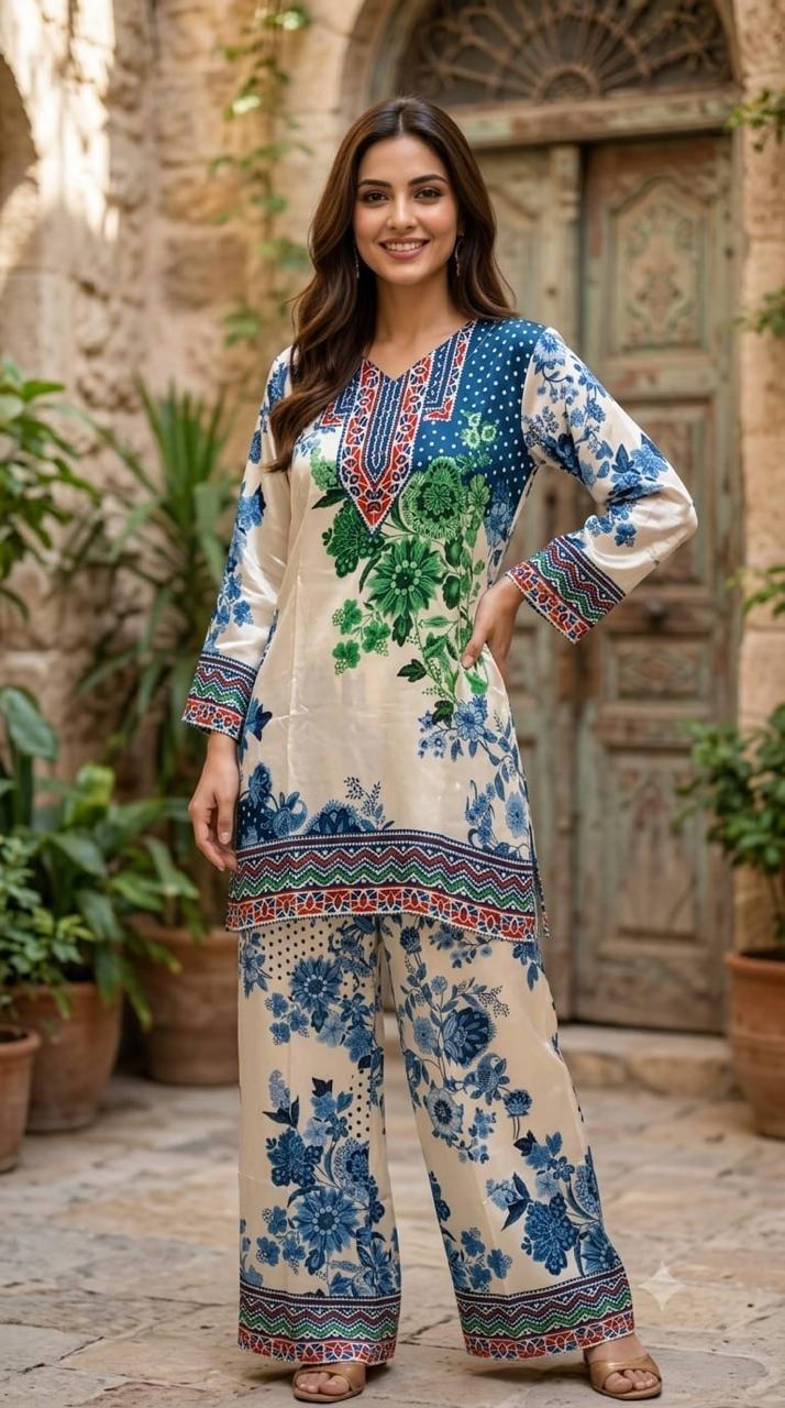 Forest Gradenia Inspired Digital Printed Crepe Casual Co-Ord Set- 15377