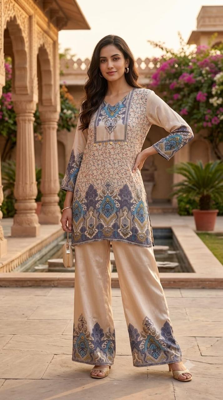 Artisnal Elegant Aqua Printed Flowy Crepe Casual Co-Ord Set- 15377