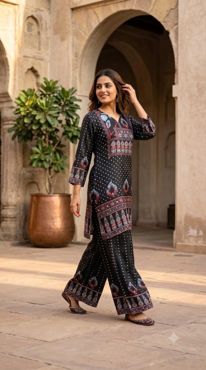 Mid-Night Nior Multicolor All-Over Printed Crepe Casual Co-Ord Set- 15377