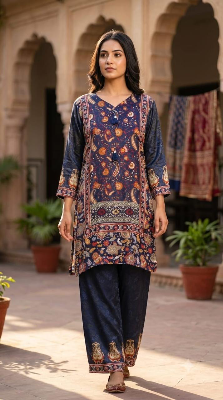 Indigo Scattered Multicolor Printed Casual Wear Pure Crepe Co-Ord Set- 15377
