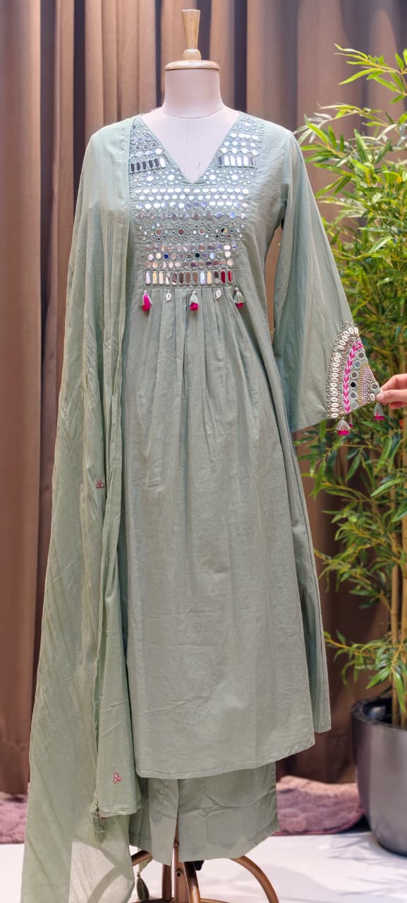 Kodi Real Mirror Work Handwork Boho Style A-Line Cotton Full Suit Set With Dupatta- RB567