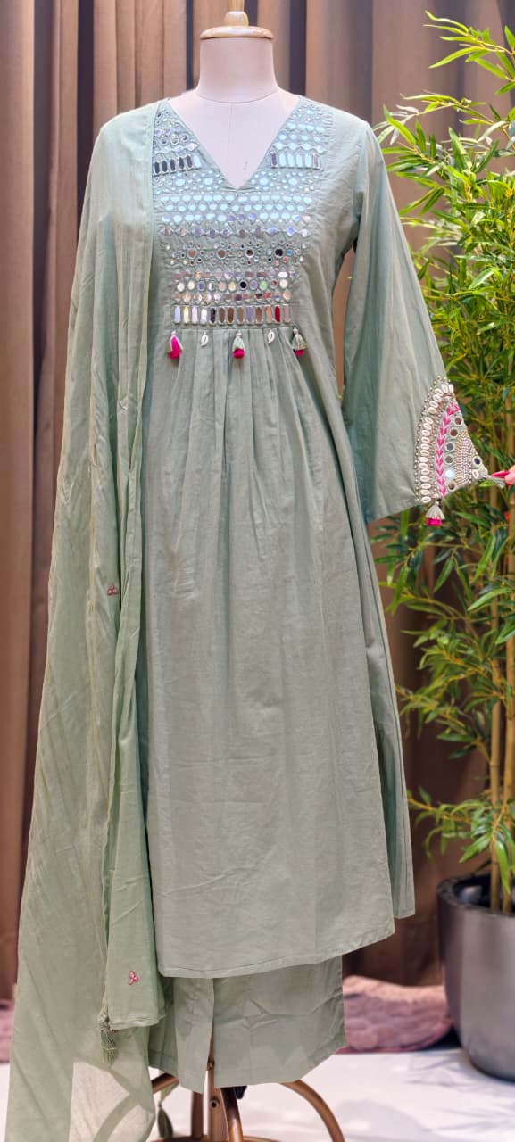 Kodi Real Mirror Work Handwork Boho Style A-Line Cotton Full Suit Set With Dupatta- RB567