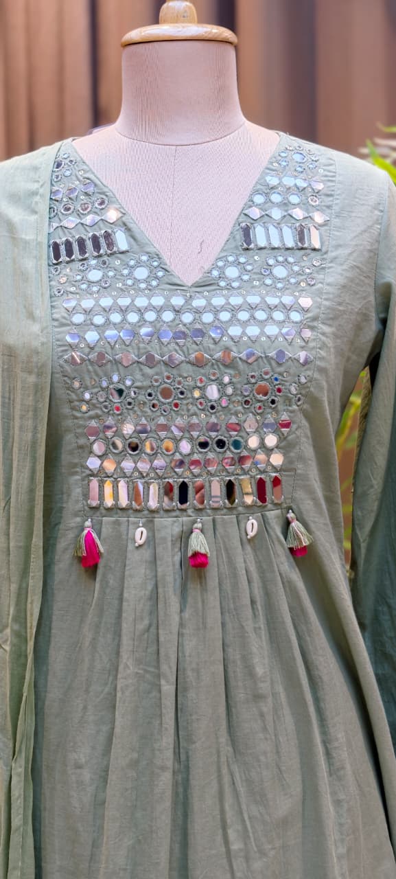 Kodi Real Mirror Work Handwork Boho Style A-Line Cotton Full Suit Set With Dupatta- RB567