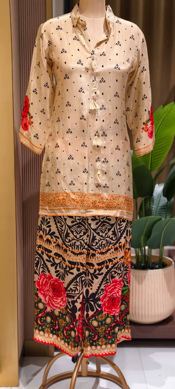 Digital Floral Multi Printed Tassel Accent Mandarin Collared Crepe Co-Ord Set- 15239