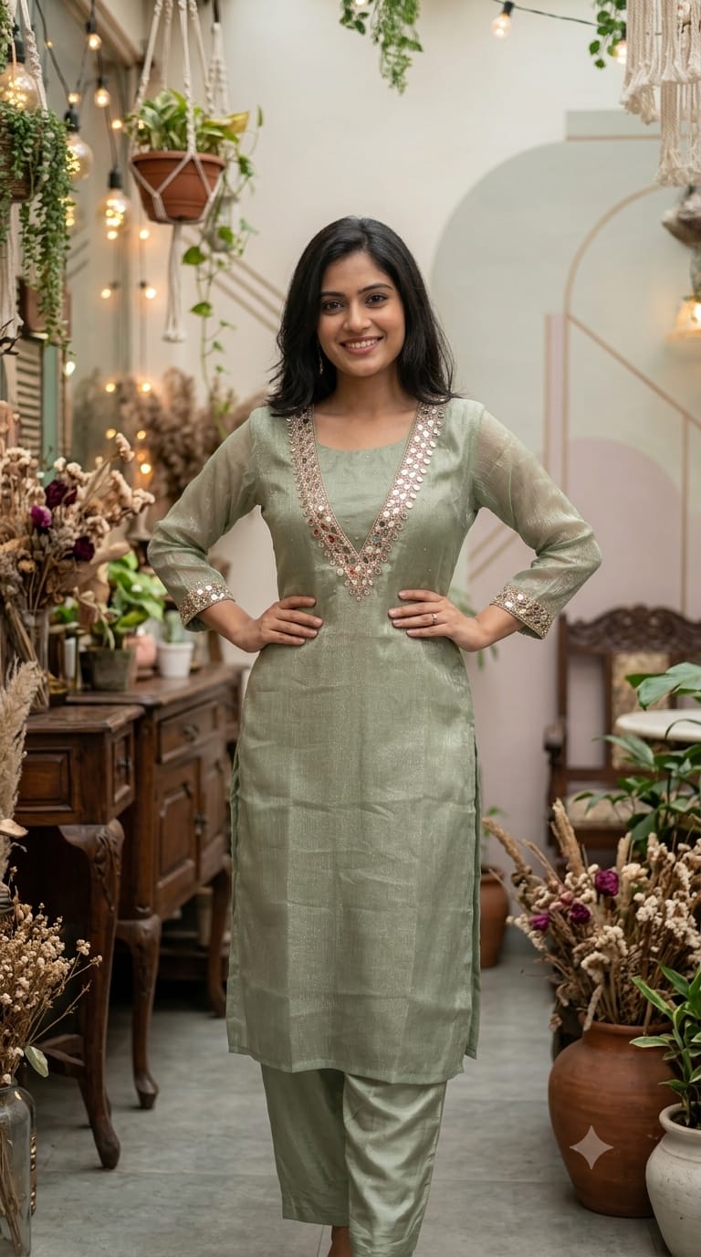 Elegant Real Mirror Highlights Salsa Fabric Kurta Pant Set With Buster Inside- 15291