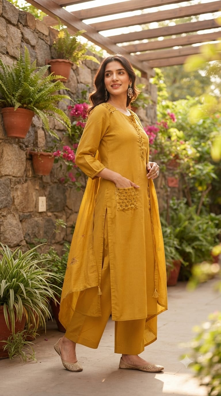 Pin-Tucks Style Pocket Look Mustard Shaded Cotton Straight Full Suit Set With Dupatta- 15214