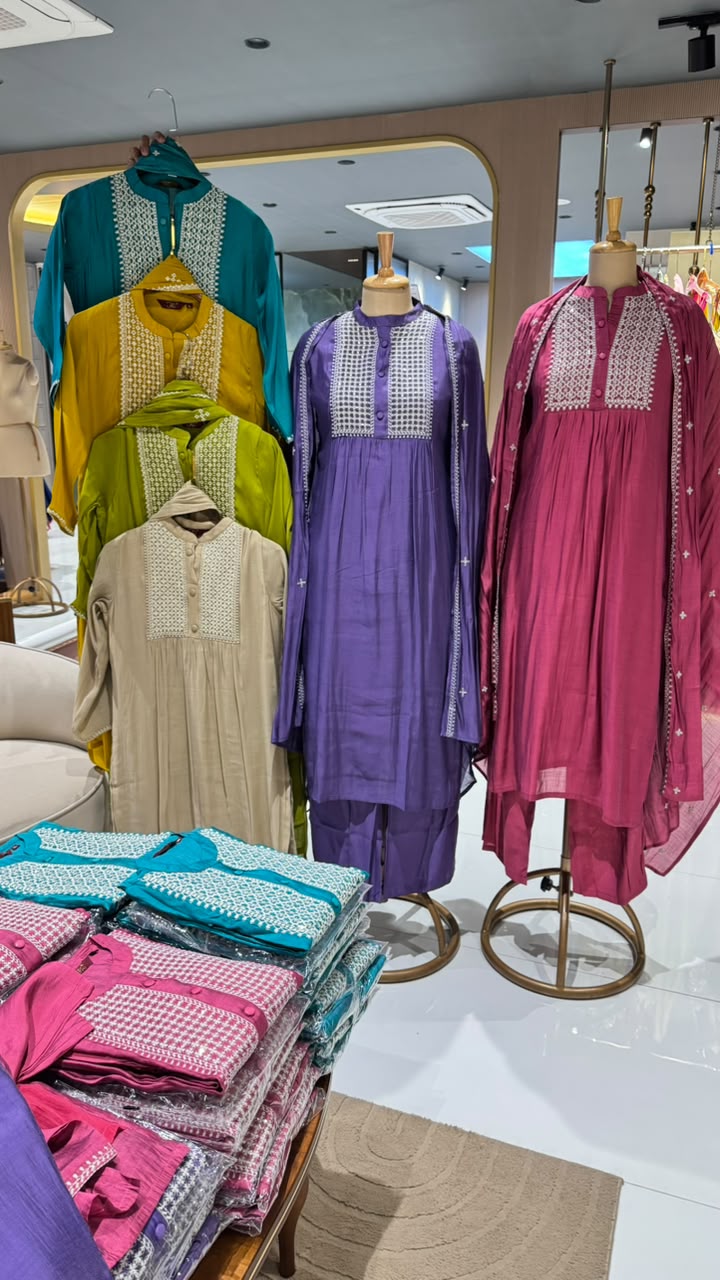 Premium Surat Mul-Chanderi Embroidered Yoke A-Line Full Suit Set with Dupatta- 15907