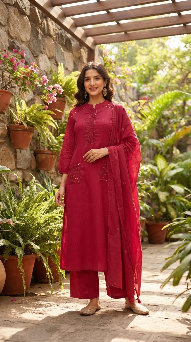 Pin-Tucks Style Pocket Look Mustard Shaded Cotton Straight Full Suit Set With Dupatta- 15785